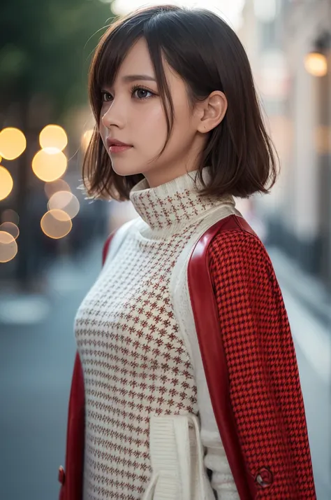 One beautiful girl, Very beautiful detailed face, Laugh shyly, Symmetrical black eyes, Small breasts), (Red houndstooth coat:1.4), (Off-white turtleneck sweater dress:1.3), Hime cut hair, (Beautiful Face:1.2), high quality, Realistic, Very detailed CG 統合 8...