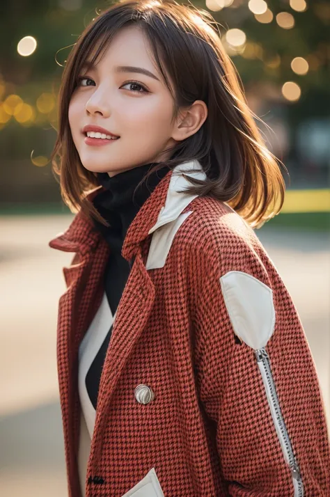 One beautiful girl, Very beautiful detailed face, Laugh shyly, Symmetrical black eyes, Small breasts), (Red houndstooth coat:1.4), (Off-white turtleneck sweater dress:1.3), Hime cut hair, (Beautiful Face:1.2), high quality, Realistic, Very detailed CG 統合 8...