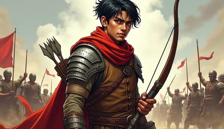 Arav, the young warrior: Comic style. Arav, a young man with sharp, determined features, dark brown eyes, and short black hair tied back. He wears traditional warrior armor—brown leather with silver accents, a red scarf around his neck, and sturdy boots. H...