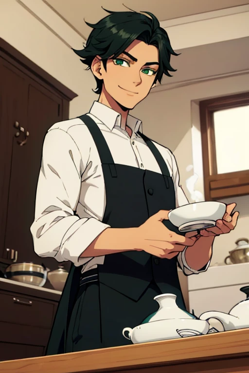 Perfect face. Perfect hands. A handsome black haired man with green eyes and short hair in a butlers uniform is smiling while making tea in a fancy kitchen
