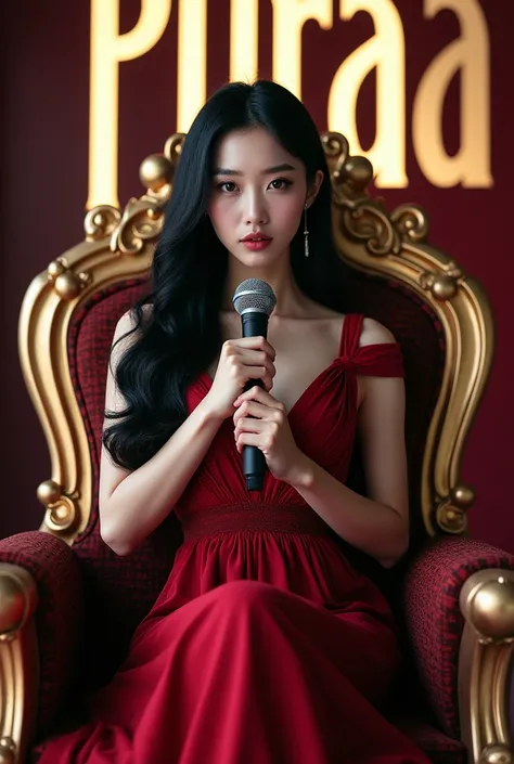 a beautiful korean woman is sitting in a throne holding a mic with the name puraa in her background