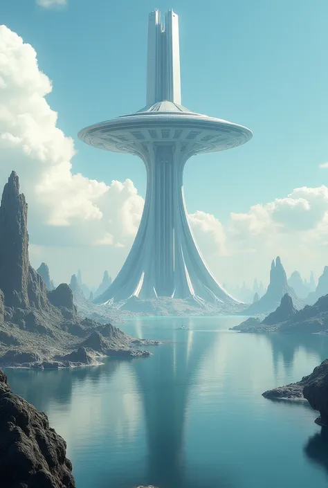 ((masterpiece, Highest quality, Extremely detailed CG, unity 8k wallpaper )),(masterpiece, Highest quality, Highest quality, Official Art, beautiful,aesthetic:1.2),Orbital elevator above the sea, Floating city,sf,Unreal landscapes