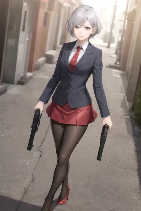 Highest quality、Ultra HD、Vivid colors、One Woman、(Silver short hair)、(Red Blazer 1.3)、(Red tie)、(shirt)、(Red Heels 1.1)、((Red Mini Tight Skirt))、((Black Tights 1.2))、((1 holding a gun in both hands.5))、stylish、Beautiful Face、(Black Belt 1.2)、2 female、Glamor...