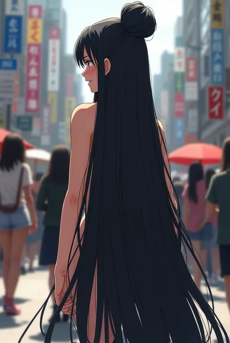 Cute Japanese girl,((full body shot from hair to feet)), ((naked)),(NSFW),with a very large hair bun, the diametre,(( very large bun)), ((The diameter of her bun is 100 centimeters)) ,circular bun, shiny black hair, about 100 meters long hair, length knee ...