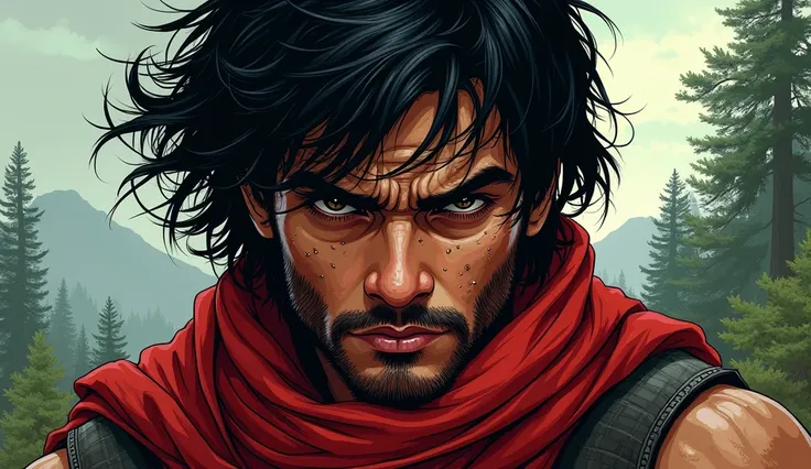 Comic style. A close-up of Arav’s face, with sweat on his forehead, his dark eyes reflecting turmoil. His black hair is slightly tousled. The background transitions from a battlefield to a peaceful forest, symbolizing his longing for peace. His red scarf i...