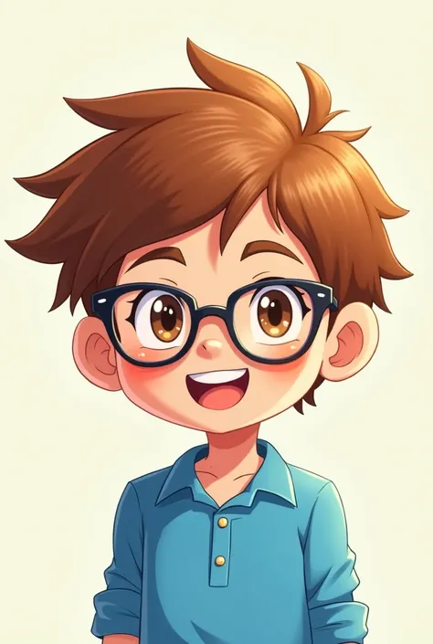 Create a boy anime character to be used as a logo for a YouTube channel. The character should be vibrant and approachable.Specifications:Hair: Brown, styled in a youthful and energetic way.Glasses: Modern and stylish glasses.Expression: Friendly and smilin...