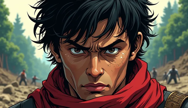 Comic style. A close-up of Arav’s face, with sweat on his forehead, his dark eyes reflecting turmoil. His black hair is slightly tousled. The background transitions from a battlefield to a peaceful forest, symbolizing his longing for peace. His red scarf i...