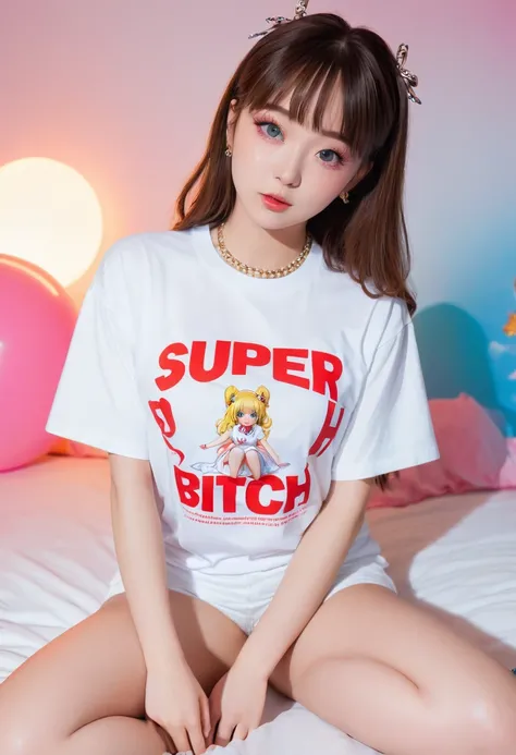 Bright Red in White, (Masterpiece 8K TopQuality:1.2) (ProfessionalPhoto:1.37) PUNIPUNI ExtremelyDetailed (((KAWAII girl in WHITE "SUPER BITCH" Printed T-shirt:1.4))) (Lying on back from DirectlyAbove) glowing body