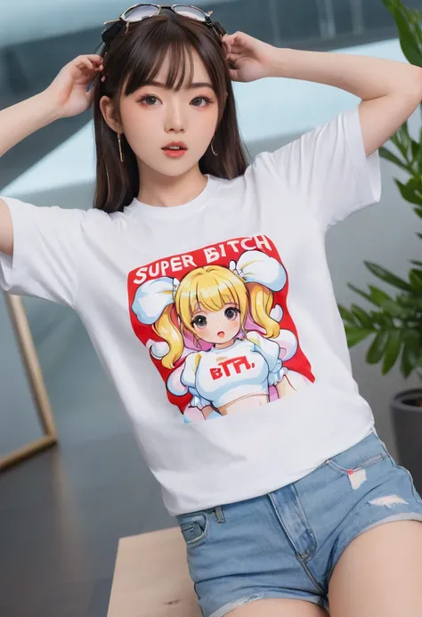 Bright Red in White, (Masterpiece 8K TopQuality:1.2) (ProfessionalPhoto:1.37) PUNIPUNI ExtremelyDetailed (((KAWAII girl in WHITE "SUPER BITCH" Printed T-shirt:1.4))) (Lying on back from DirectlyAbove) glowing body