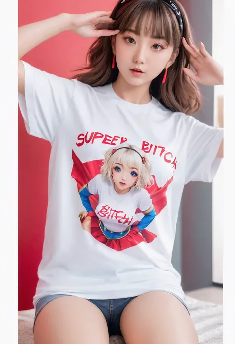 Bright Red in White, (Masterpiece 8K TopQuality:1.2) (ProfessionalPhoto:1.37) PUNIPUNI ExtremelyDetailed (((KAWAII girl in WHITE "SUPER BITCH" Printed T-shirt:1.4))) (Lying on back from DirectlyAbove) glowing body