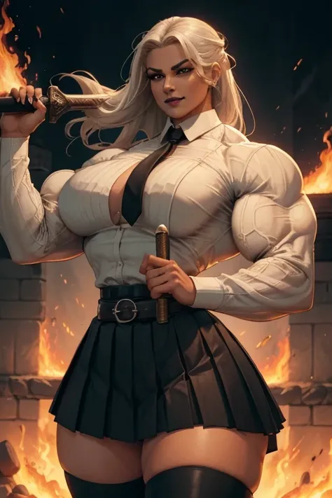 ((((Massive tall, beautiful, buff, light brown skinned muscular swordswoman with white hair, black lipstick, ginormous bulky muscles, carrying a fire sword and wearing a white long sleeve pleated shirt with beautiful long pleated skirt)))), (close view), (...