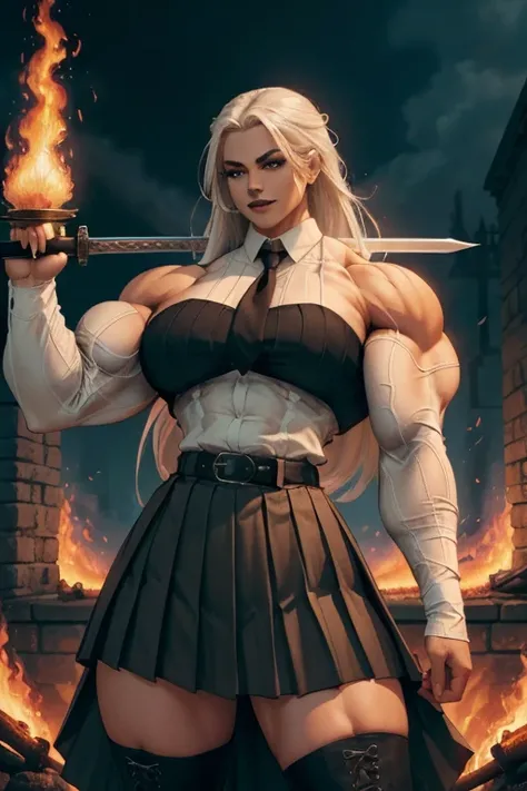 ((((Massive tall, beautiful, buff, light brown skinned muscular swordswoman with white hair, black lipstick, ginormous bulky muscles, carrying a fire sword and wearing a white long sleeve pleated shirt with beautiful long pleated skirt)))), (close view), (...