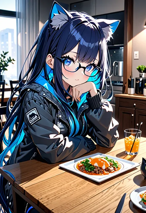 8K Ultra High-Quality, ultra-detailed, High quality, 2, Dark Blue hair, Neon Blue Inner layer hair, Long hair, Cat ears, jacket, glasses, full body, dining table