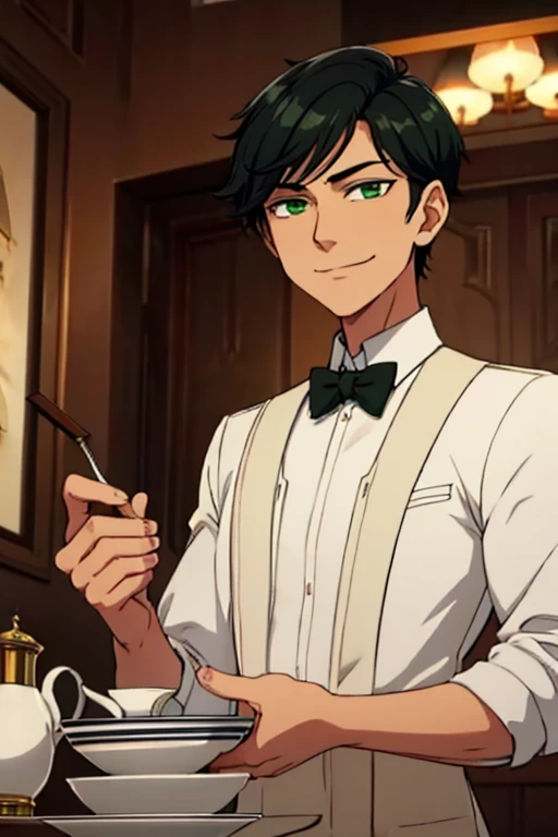 Perfect face. Perfect hands. A handsome black haired man with green eyes and short hair in a butlers uniform is smiling while servinh in a fancy butler cafe