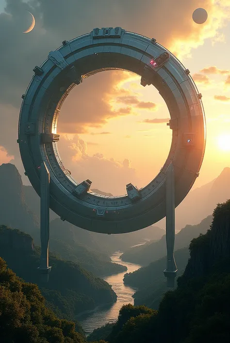 Futuristic space habitat on alien planet:

- Massive ring-shaped structure suspended above planet surface
- Multiple towering support pillars connecting structure to ground
- Pillars have sleek, curved design with visible technological details
- Ring struc...