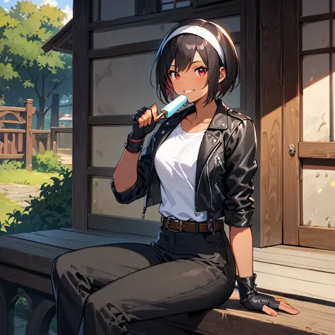 Alone,Female,Sitting on porch,eating with popsicle and looking at viewer,short hair,black hair,best lighting,dark skin,red eyes,((black leather jacket with rolled up arms)),fingerless gloves,white T-shirt, ((white headband)),black long pants,white shoes,br...