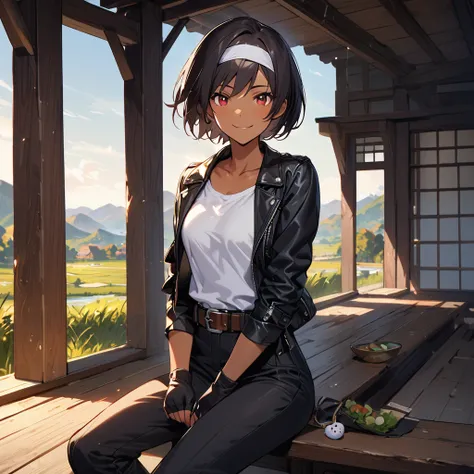 Alone,Female,Sitting on porch,eating with popsicle and looking at viewer,short hair,black hair,best lighting,dark skin,red eyes,((black leather jacket with rolled up arms)),fingerless gloves,white T-shirt, ((white headband)),black long pants,white shoes,br...