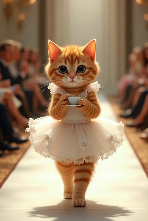 (photorealism:1.2), cute ginger cat, wearing white ballerina dress, drinking tea, walking on the runway