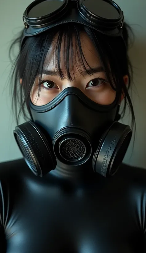 NFSW, photo-realistic, ultra-realistic, very beautiful Japanese, famous Japanese idol, young girl, She is restrained, latex BDSM, Vulgar, painful expressions, dramatic scene, masterpiece, beautiful eyes, black full-face gas mask with goggle, (wearing gasma...