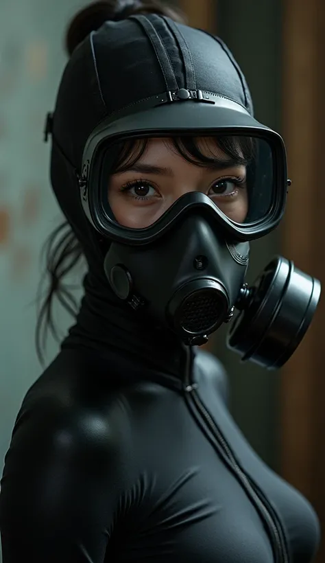 NFSW, photo-realistic, ultra-realistic, very beautiful Japanese, famous Japanese idol, young girl, She is restrained, latex BDSM, Vulgar, painful expressions, dramatic scene, masterpiece, beautiful eyes, black full-face gas mask with goggle, (wearing gasma...