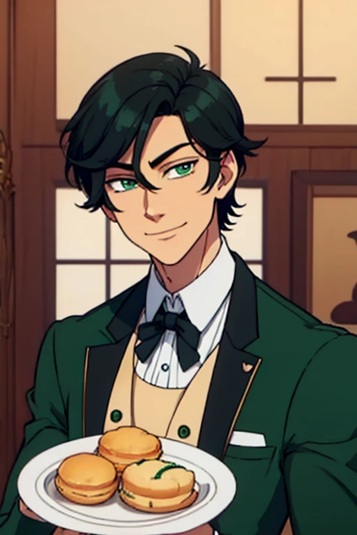 Perfect face. Perfect hands. A handsome black haired man with green eyes and short hair in a butlers uniform is smiling while serving scones in a fancy butler cafe