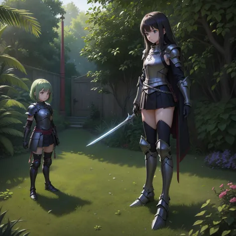 最high quality、high quality、Simple Cloth Armor、１０Year-old girl adventurer、Equipped with a weapon that has a short chain at the end of a stick and a spiked iron ball at the end of the chain、In a dark maze、Dark green armor