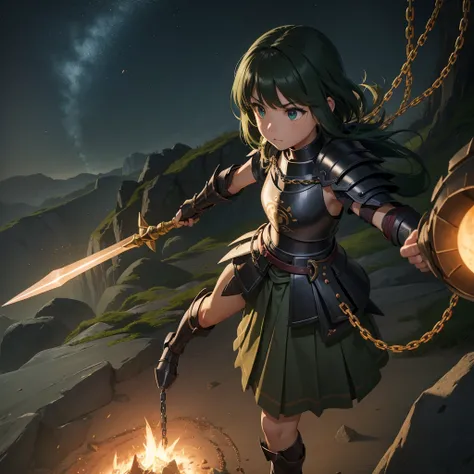 最high quality、high quality、Simple Cloth Armor、１０Year-old girl adventurer、Equipped with a weapon that has a short chain at the end of a stick and a spiked iron ball at the end of the chain、In a dark maze、Dark green armor