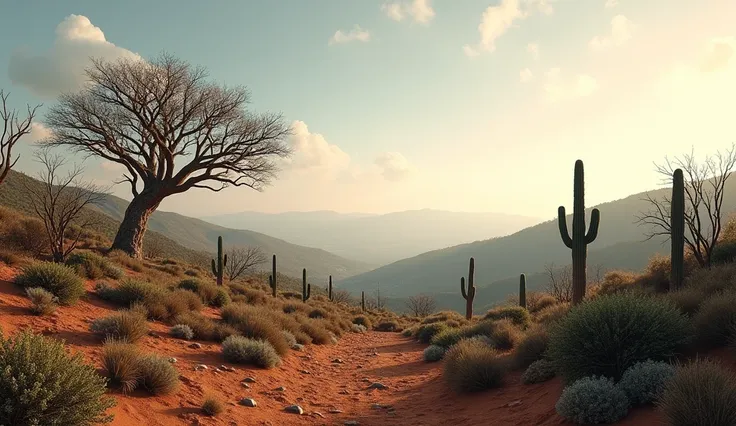 Panoramic view of the Brazilian Caatinga with some cacti and dry trees without leaves.