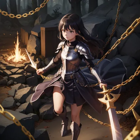 最high quality、high quality、Simple Cloth Armor、１０Year-old girl adventurer、Equipped with a weapon that has a short chain at the end of a stick and a spiked iron ball at the end of the chain、In a dark maze、yellow armor