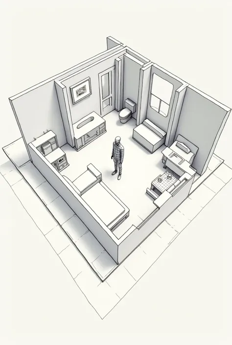 Sketch of a model seen from above, that has a room, A toilet , a kitchen and a living room, knowing that both of our upper left and right corners have windows, and on the right side, there is a window in the back corner 

