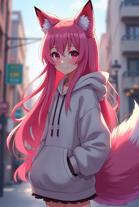 pink hair,fox ears,fox tail,hot,hoody
,ANIME STYLE
