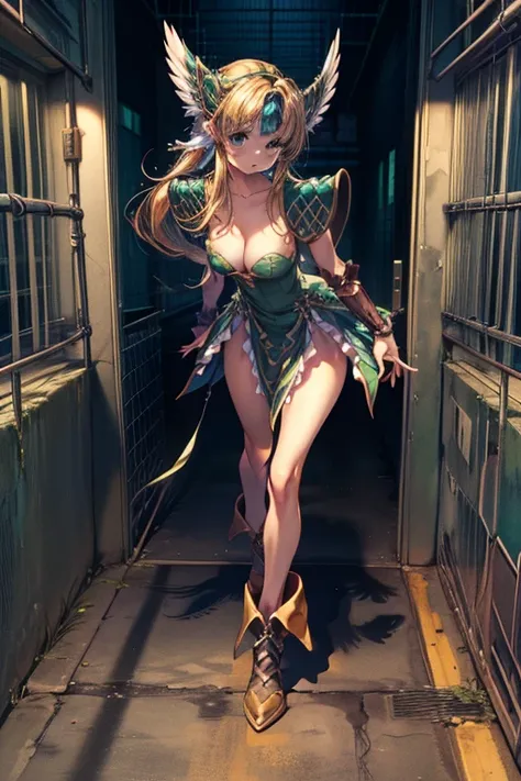 (masterpiece, Highest quality:1.2), Cowboy Shot, alone, one person, Riesz,  View your viewers,, Long hair tied low, Winged Helmet,green dress, armor, shoulder armor, Bridal Gauntlet, Cleavage,(In a prison with iron bars:1.4),(Whole body is restrained:1.4)