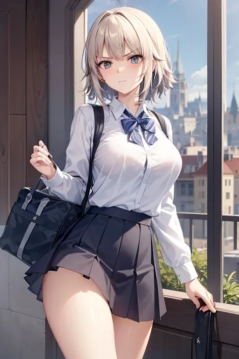 ((masterpiece, Highest quality,Clear image)), One person,alone, Joan of Arc Horta, Large Breasts,high school girl,school uniform, Pleated skirt, Seraphim, White shirt, Black Skirt, View your viewers,Are standing,Carrying a school_bag, Cowboy Shot, city, bu...