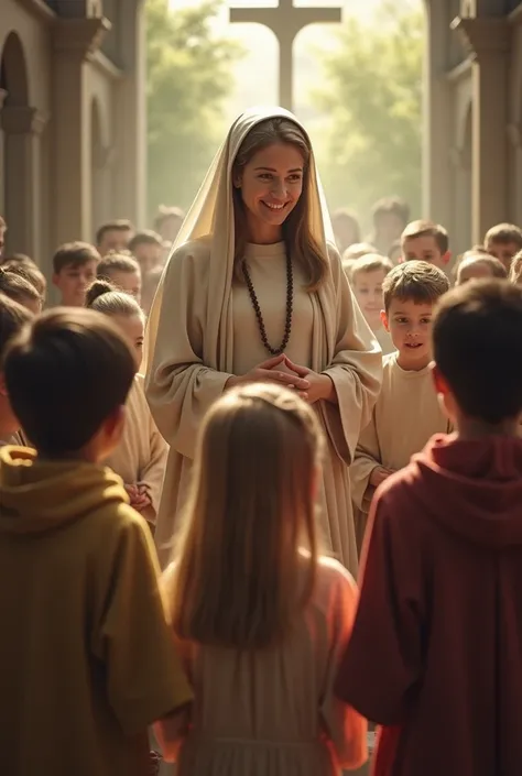 Woman teaching children about Our Lady 
