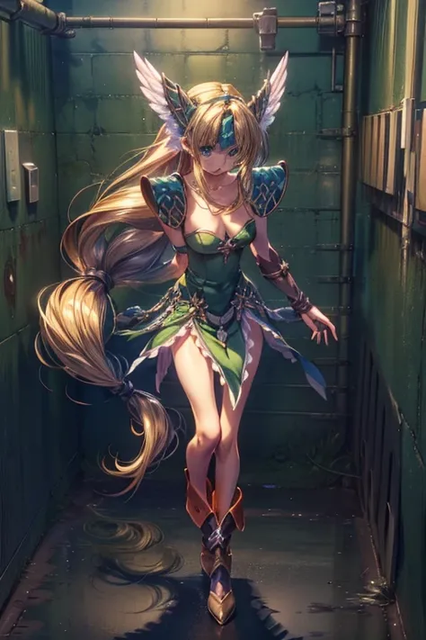 (masterpiece, Highest quality:1.2), Cowboy Shot, alone, one person, Riesz,  View your viewers,, Long hair tied low, Winged Helmet,green dress, armor, shoulder armor, Bridal Gauntlet, Cleavage,(In a prison with iron bars:1.4),(Whole body is restrained:1.4)