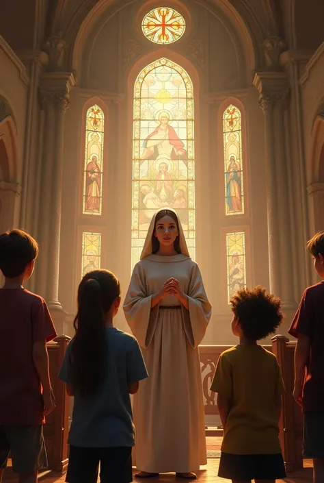 Woman teaching children about God in Catholic church 