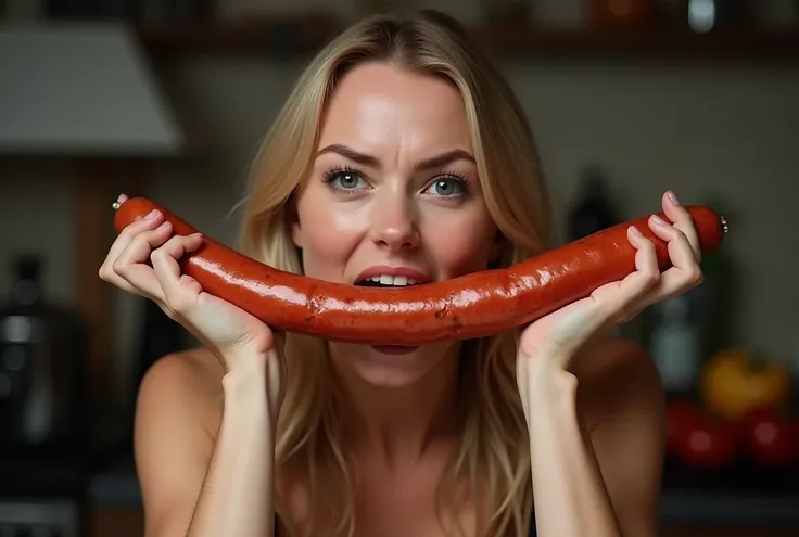 put sausage in mouth,ecstasy painful expression,Heaps of sausages in both hands,muscular   woman Eating penis shaped sausage 　battle contest,in kitchen stadium,