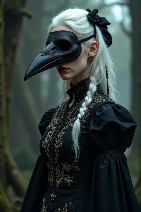 woman, White hair, Red lips, raven skull mask, dark medieval clothes
