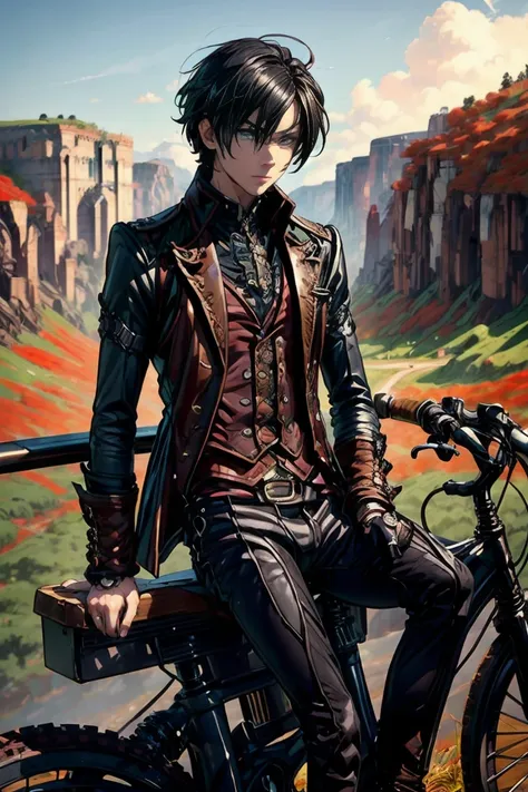 masterpiece, best quality, detailed, (1boy), handsome, toned physique, black hair, short hair, black attire, steampunk, gothic, ...