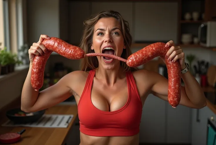 put sausage in mouth,ecstasy  expression,Heaps of sausages in both hands,muscular   woman Eating penis shaped sausage 　battle contest,in kitchen stadium,