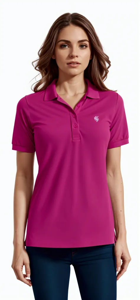 port authority womens polo shirt and jeans, magenta shirt, pink shirt, wearing polo shirt and jeans pant, short sleeves, collared shirt, rich deep pink, hot pink, rose, pink, in long pink or violet dresses, magenta, full frontal shot, detailed zoom photo, ...