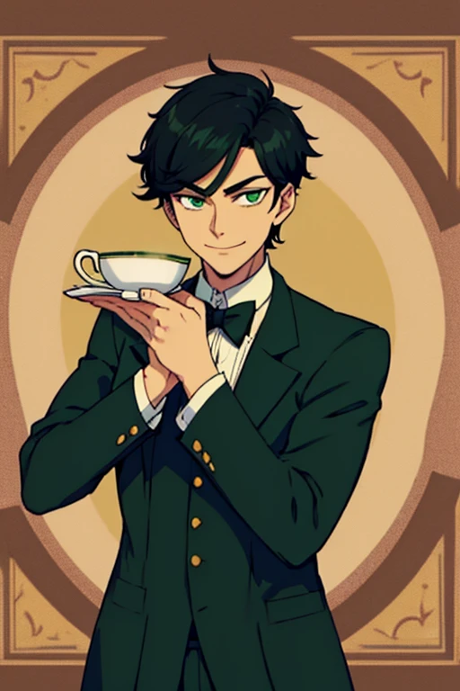 Perfect face. Perfect hands. A handsome black haired man with green eyes and short hair in a butlers uniform is smiling while serving tea in a fancy butler cafe