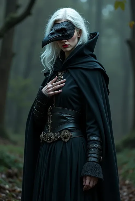 woman, White hair, Red lips, raven skull mask, dark medieval clothes, Hood, druid
