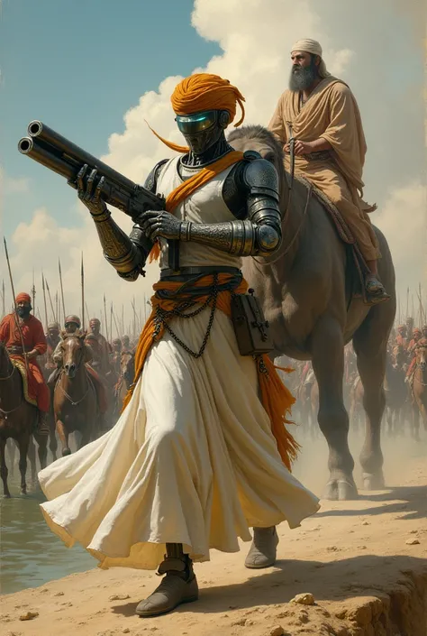 An old artistic painting shows a view where a robo in white clothes and saffron turban and having m242 bushmaster single-barrel chain-driven autocannon. Firing on a lakhs big afghans army on horse having spears and swords coming from front side whose leade...