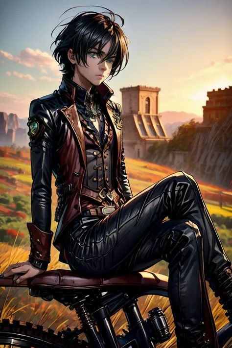 masterpiece, best quality, detailed, (1boy), handsome, toned physique, black hair, short hair, black attire, steampunk, gothic, ...