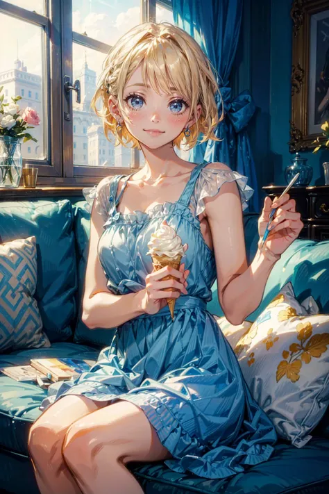 1girl,cute,smile,lightblue short hair,blonde eyes,she eat a gelato,in living room