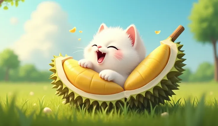 A white kitten with soft fur is sitting inside a large durian that has been cut open at the top. The kitten is yawning widely, revealing its tiny teeth and pink tongue. Its eyes are slightly closed as if enjoying the fresh air. The durian it is sitting in ...