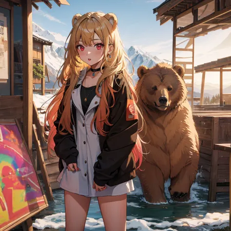 Girl embraced by brown bear, Brown Bear, Kitagawa Marine, The background is snowy mountains, One girl, Blonde Hair, Long Hair, Multicolored Hair, Red eyes, jewelry, Earrings, Earrings, Black choker, uhd, retina, masterpiece, ccurate, anatomically correct, ...