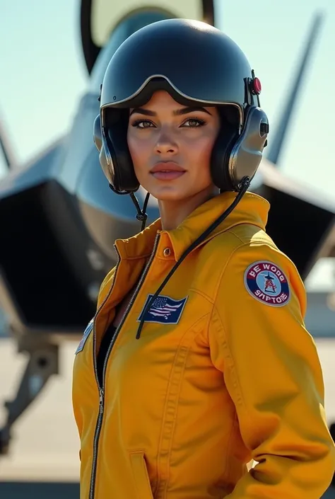 Priyanka chopra wearing a yellow fighter pilot suit, wearing a pilot helmet, standing diagonally a f22, full body view, wearing pilot gear, facing left