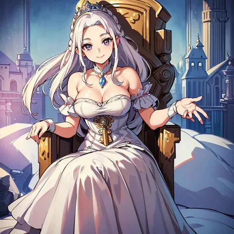 (((Solo)))、Highest quality, Best Quality、middle ages、(((白いGorgeous dress))、(Mature Woman、Mother、40 years old)、(White Hair、Middle Reason、Does not touch the forehead、Dumpling、Braid)、(smile)、(princess、Queen of the West)、(Gorgeous dress、Shoulder)、tiara、(Sit in...